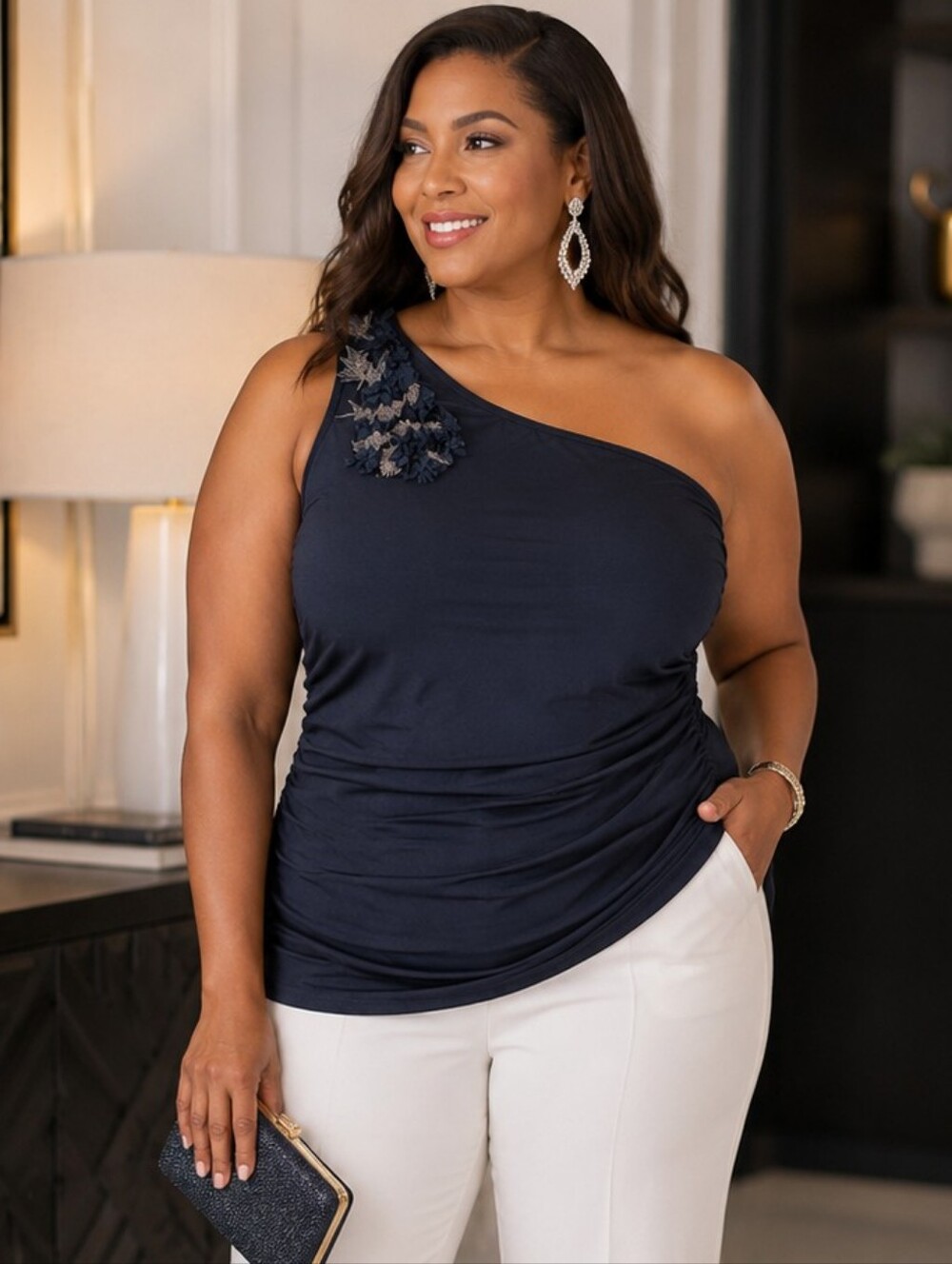🎉SALE Zenobia Blue One Shoulder Top with Textured Shoulder Design